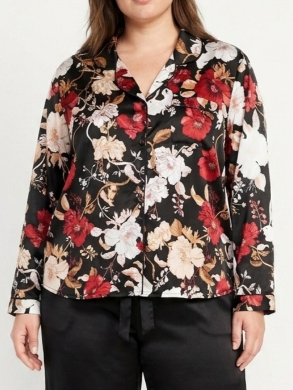 stars above Black Satin Button-Down Top with Red, White & Tan Floral Print
